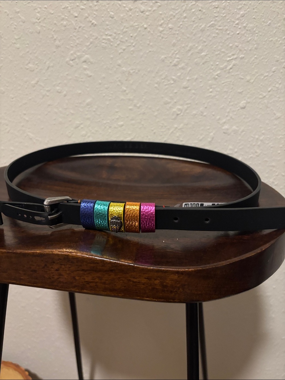 Black Belt with Rainbow Metallic Accent Rings Kurt Geiger